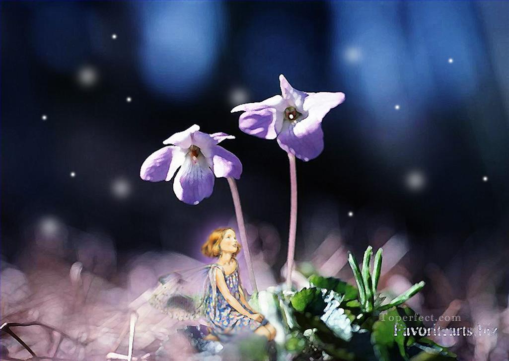 花と話す妖精 妖精 オリジナル油絵